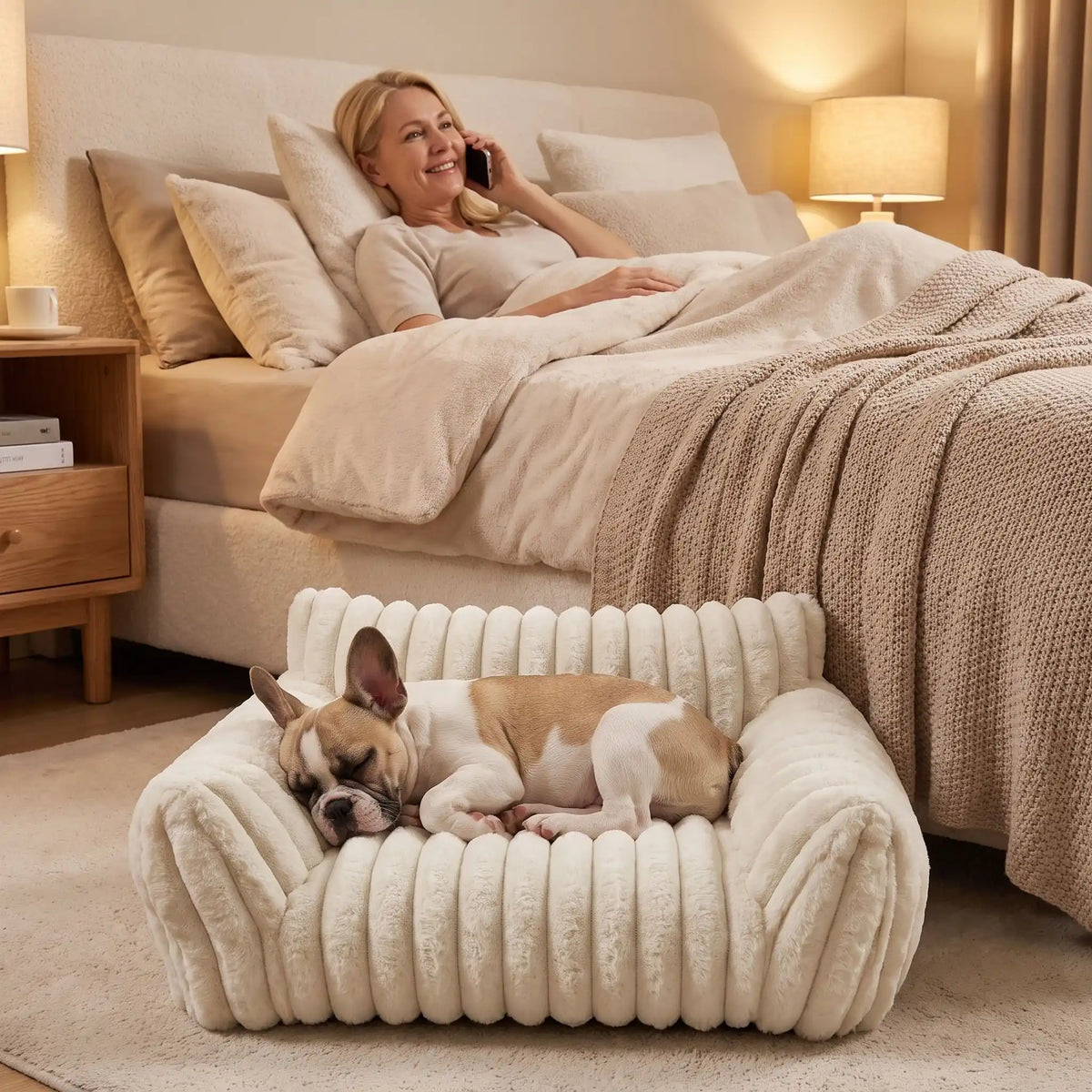 Mini-canapé-chien-chiot-déhoussable, lavable en machine ,coton, housse en peluche douce au toucher velours, rembourrage ergonomique en mousse à mémoire de forme pour un soutien optimal, disponible en  couleurs blanc et rose et 3 tailles S, M et L pour chiot et chien de petite taille de 0 à 10 iols max-un chiot de race moyenne qui dort paisiblement niché entre les deux accoudoirs rembourré du mini fauteuil pour chien de couleur blanc crème au pied du lit de sa maitresse allongée au téléphone 