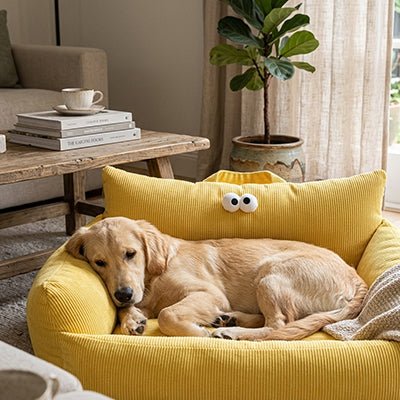 Canape-lit-chien-apaisant, mini fauteuil en lin et rembourrage épais 100% coton haute densité, avec accoudoir et dossier ergonomique, lavable en machine, antidérapant et fond imperméable anti-moissisure, housse 100% lin résistant aux griffes et respirant pour un couchage 4 saisons pour chiot et chien de petite taille de 0 à 10 kilos max-un chiot qui dort paisiblement niché contre le dossier et l'accoudoir rembourré et confortable pour sa tête et un effet cocon sécurisant et anti stress 