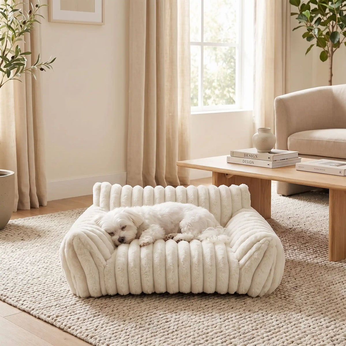 Mini-canapé-chien-chiot-déhoussable, lavable en machine ,coton, housse en peluche douce au toucher velours, rembourrage ergonomique en mousse à mémoire de forme pour un soutien optimal, disponible en  couleurs blanc et rose et 3 tailles S, M et L pour chiot et chien de petite taille de 0 à 10 iols max-un chien de petite taille qui dort paisiblement niché contre le dossier haut et l'accoudoir rembourré du mini fauteuil pour chien de couleur blanc crème dans le salon de la maison