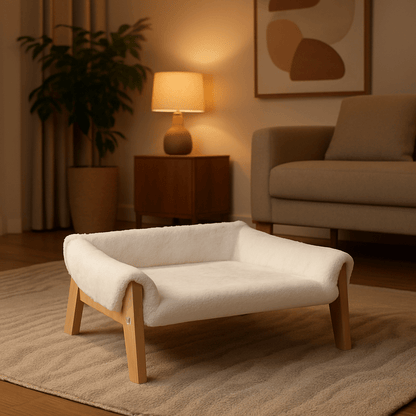 Mini-canapé-pour-chien-lit-surélevé-en bois avec accoudoirs et housse en peluche douce, déhoussable et lavable en machine de couleur blanc dans le salon moderne et cosy