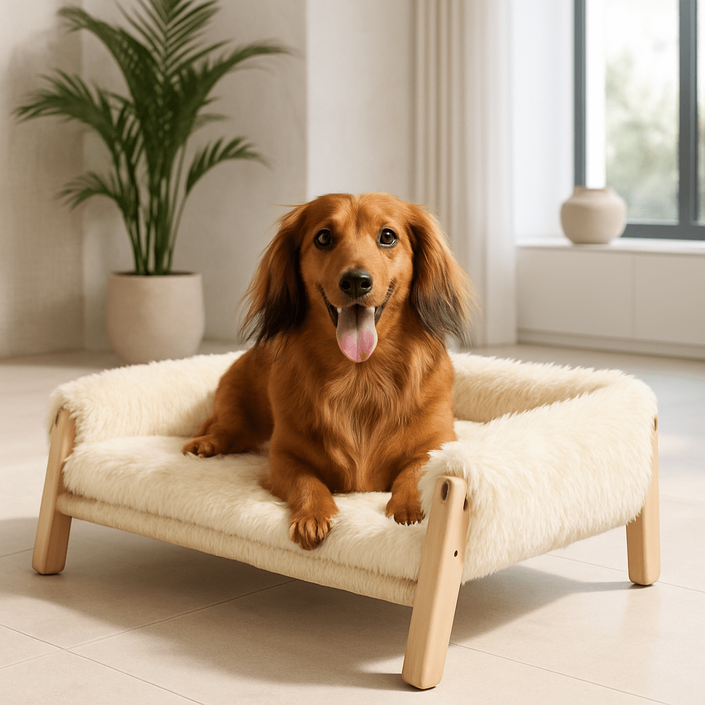 Mini-canapé-pour-chien-race-naine-un petit chien couché sur le canapé en peluche douce, déhoussable et lavable en machine de couleur blanche et bois naturel 