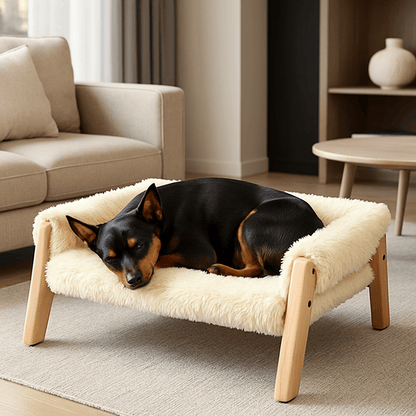 Mini-canapé-pour-chien-solide en bois et peluche douce déhoussable lavable en machine avec accoudoir et dossier design solide dans le salon de l'appartement