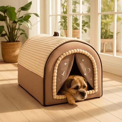Niche-d-interieur-pour-chien-4-saisons-2 en 1, niche chaude avec isolation thermique ou panier ouvert avec toit amovible-pliable-transportable avec poignée-en velours, coton et tissu oxford résistant et imperméable pour chien de petite à moyenne taille- avec son coussin ultra doux lavable en machine,fond antidérapant et imperméable-un chien de taille moyenne qui dort apisiblement dans sa niche au chaud dans la véranda de la maison
