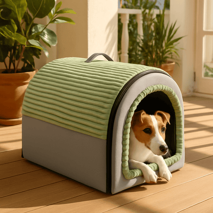 Niche-d-intérieur-pour-chien-panier-avec-coussin amovible et lavable en machine en peluche douce-pliable-poignée de transport-antidérapant-gris et vert-pour chien de 0 à 15 kg-en forme de dôme sécurisant-un chien de petite race couché dans sa niche au chaud dans la véranda de la maison