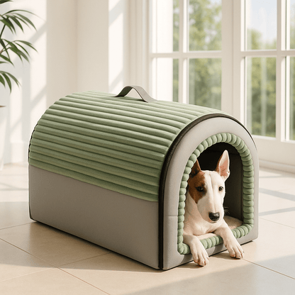 Niche-d-intérieur-pour-chien-panier-avec-coussin amovible et lavable en machine en peluche douce-pliable-poignée de transport-antidérapant-gris et vert-pour chien de 0 à 15 kg-en forme de dôme sécurisant-transformable en panier-un chien de race miniature couché dans sa niche au chaud dans la chambre de la maison