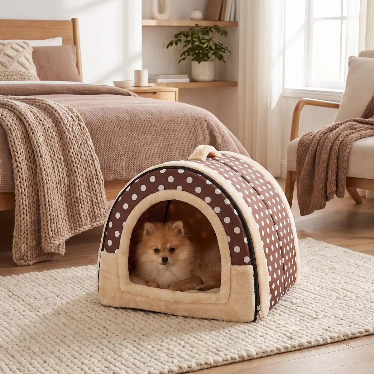 Niche chien et chiot intérieur de petite race, résistante, en forme d'igloo au design sécurisant fermée en arc de cercle avec un coussin rectangulaire au rembourrage 100% coton haute densité lavable,double face été en tissu/hiver en peluche  et fond antidérapant et extérieur 100% imperméable, transportable avec sa poignée, lavable- un chien race toy qui dort couché confortablement au chaud dans sa niche douillette, chaude sécurisante à 360° avec son coussin réversible été/hiver dans la chambre de la maison