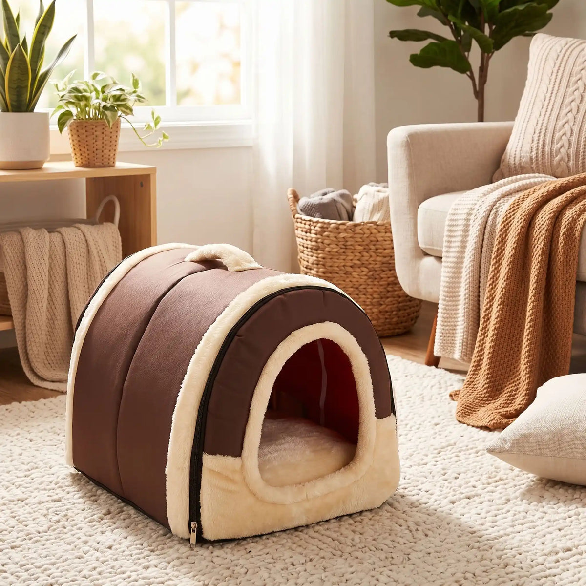 Niche chien et chiot intérieur de petite race, résistante, en forme d'igloo au design sécurisant fermée en arc de cercle avec un coussin rectangulaire au rembourrage 100% coton haute densité lavable,double face été en tissu/hiver en peluche  et fond antidérapant et extérieur 100% imperméable, transportable avec sa poignée, lavable- gros plan sur la niche douillette, chaude sécurisante à 360° avec son coussin réversible été/hiver lavable pour chiot et chien de couleur marron et beige