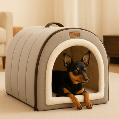 Niche-d-intérieur-pour-petit-chien-avec coussin rembourré 100% coton PP en peluche ultra doux-niche démontable, pliable, lavable en machine à laver-avec poignée de transport-antidérapant et imperméable-léger portable pour le transport-3 tailles, XS, S et M pour chien de petite taille de 0 à 8 kg-un chien nain couché confortablement au chaud dans sa niche douillette dans le salon de l'appartement