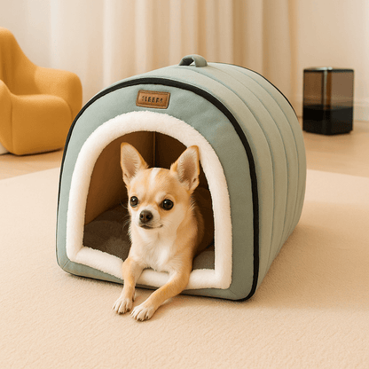 Niche-d-intérieur-pour-petit-chien-avec coussin rembourré 100% coton PP en peluche ultra doux-niche démontable, pliable, lavable en machine à laver-avec poignée de transport-antidérapant et imperméable-léger portable pour le transport-3 tailles, XS, S et M pour chien de petite taille de 0 à 8 kg-un chien de race naine couché confortablement au chaud dans sa niche douillette dans le salon de l'appartement