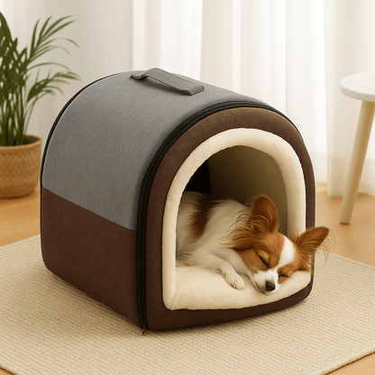 Niche-d-intérieur-pour-petit-chien-grotte-avec-coussin amovible intérieur rembourrage 100% coton haute densité et peluche douce et hypoallergénique-antidérapant et imperméable-en forme de dôme avec poignée de transport et ouverture par fermeture éclair des deux cotés, lavable et pliable pour chien de petite taille de 0 à 5 kg-Un chien nain qui dort paisiblement au chaud dans sa niche grise dans le salon douillet de l'appartement