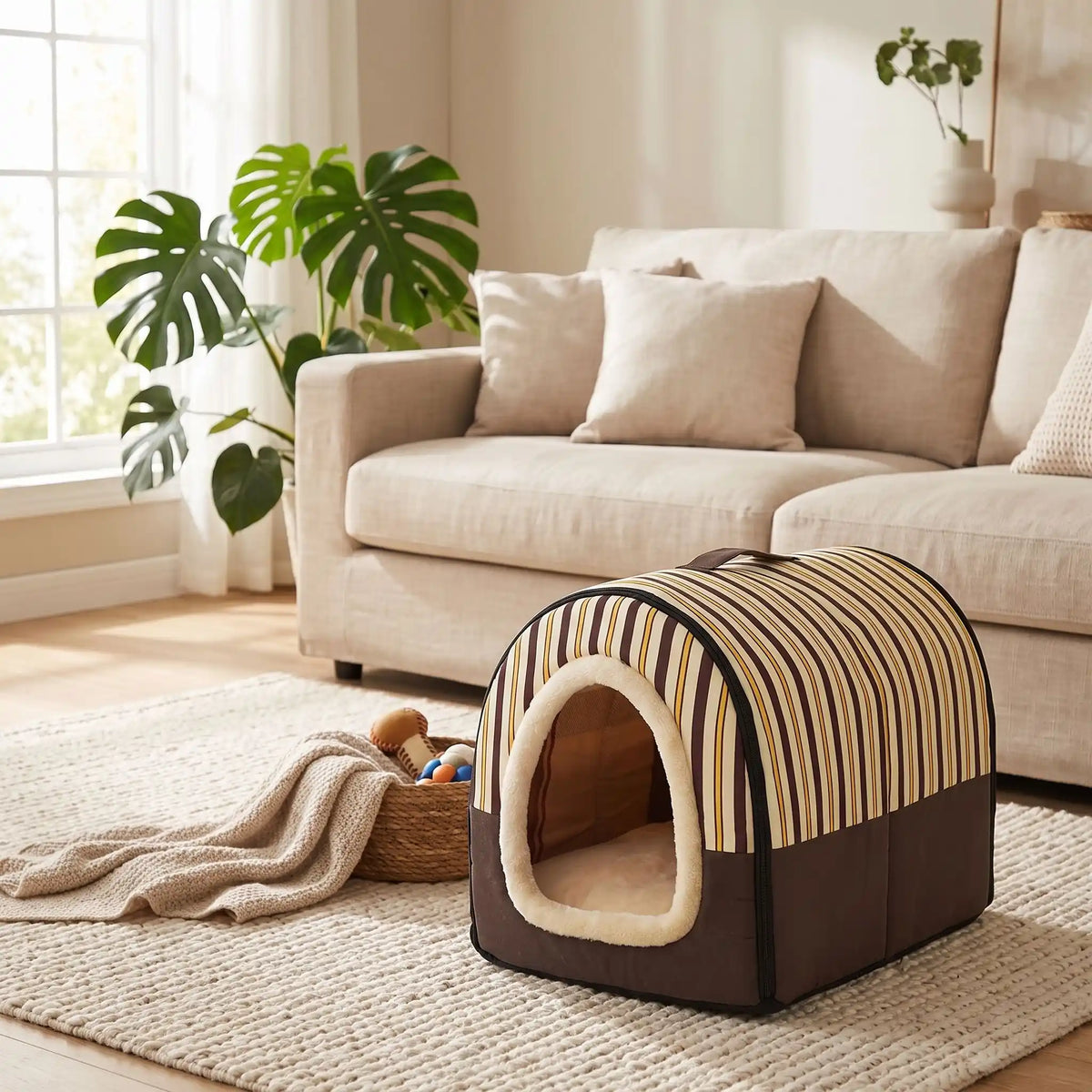 Niche chien et chiot intérieur de petite race, résistante, en forme d'igloo au design sécurisant fermée en arc de cercle avec un coussin rectangulaire au rembourrage 100% coton haute densité lavable,double face été en tissu/hiver en peluche  et fond antidérapant et extérieur 100% imperméable, transportable avec sa poignée, lavable- gros plan sur la niche douillette, chaude sécurisante à 360° avec son coussin amovible et réversible été/hiver lavable pour chiot et chien uni et rayures chic marron et beige