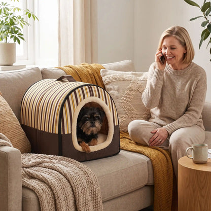 Niche chien et chiot intérieur de petite race, résistante, en forme d'igloo au design sécurisant fermée en arc de cercle avec un coussin rectangulaire au rembourrage 100% coton haute densité lavable,double face été en tissu/hiver en peluche  et fond antidérapant et extérieur 100% imperméable, transportable avec sa poignée, lavable- un chien race nain couché confortablement au chaud dans sa niche douillette, chaude sécurisante à 360° sur le canapé à côté de sa maitresse assise au téléphone dans le salon 