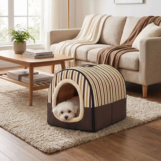 Niche chien et chiot intérieur de petite race, résistante, en forme d'igloo au design sécurisant fermée en arc de cercle avec un coussin rectangulaire au rembourrage 100% coton haute densité lavable,double face été en tissu/hiver en peluche  et fond antidérapant et extérieur 100% imperméable, transportable avec sa poignée, lavable- un chien de petite race couché confortablement au chaud dans sa niche douillette, chaude sécurisante à 360° avec son coussin réversible été/hiver dans le salon de la maison