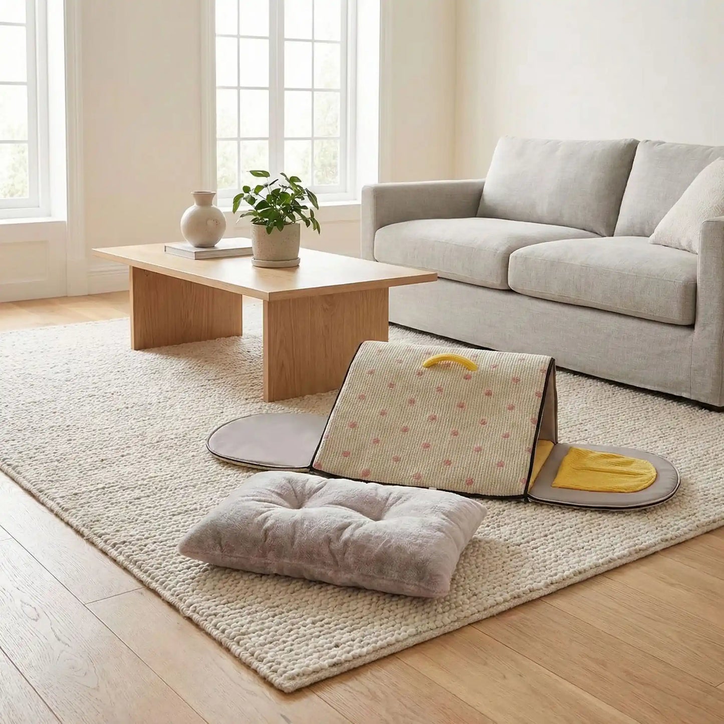 Niche-pour-chien_interieur-chiot-lavable-antiderapante lavable en machine à 30°C pour un entretien minimal,avec poignée de transport
Structure pliable facilitant le transport et le rangement
Isolation thermique naturelle contre le froid et les courants d'air
Design fermé aux stimuli visuels et sonores stressants
Trois tailles adaptées de 0 à 12 kg pour tous les petits à chiens moyens-photo du modèle gris en version plié avec la struture et le coussin interieur posé à côté sur le sol du salon de la maison
