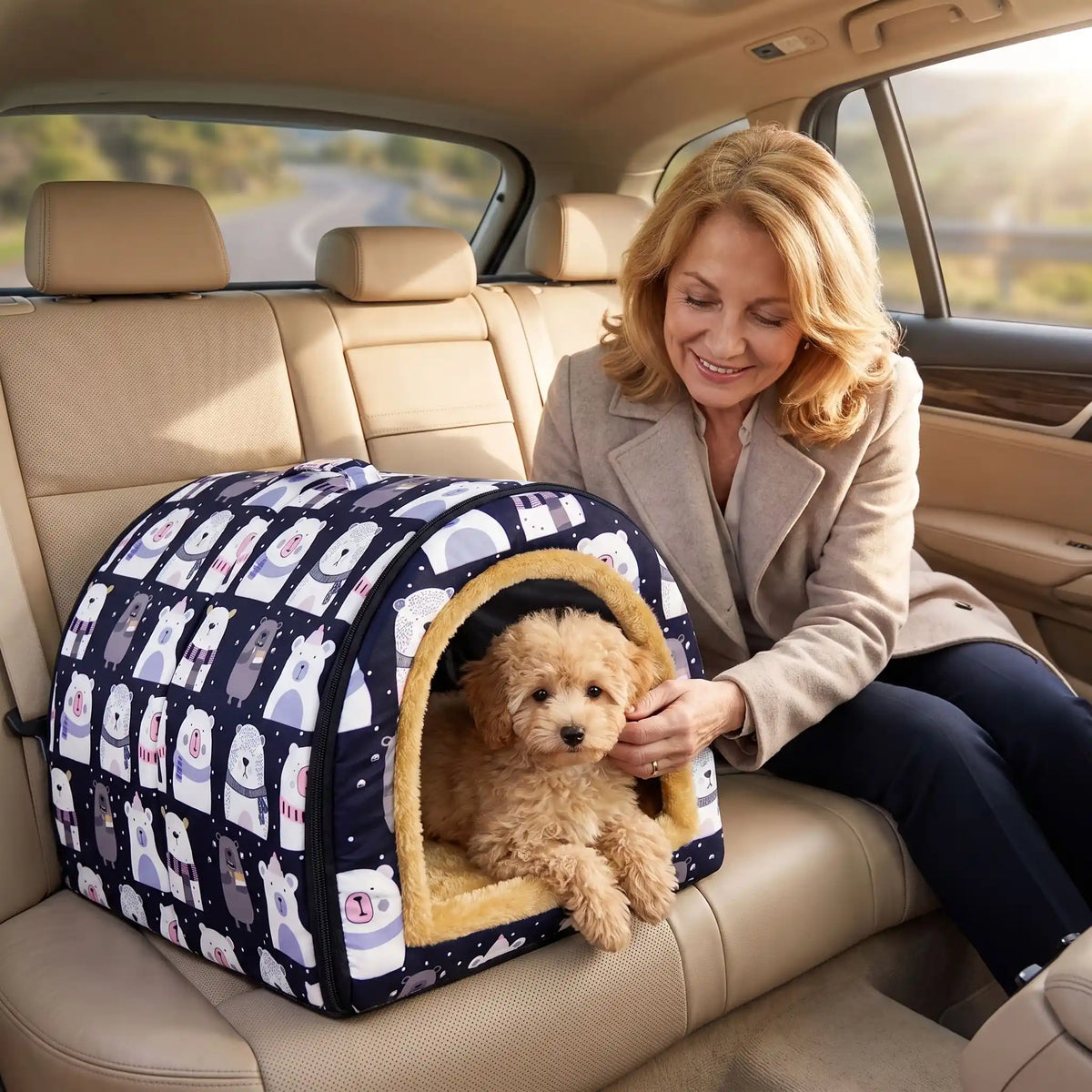 Niche-pour-chiot-petite-a-moyenne-race-pliable, résistante, en forme d'igloo au design sécurisant fermé en arc de cercle, intérieur en peluche douce et hypoallergénique avec un coussin rectangulaire au rembourrage 100% coton haute densité lavable, fond antidérapant et exterieur 100% imperméable, transportable avec sa poignée intégrée- un chiot de race moyenne couché confortablement dans sa niche à côté de sa maitresse qui le rassure par l'ouverture sur le devant sur les siège arrières de la voiture 