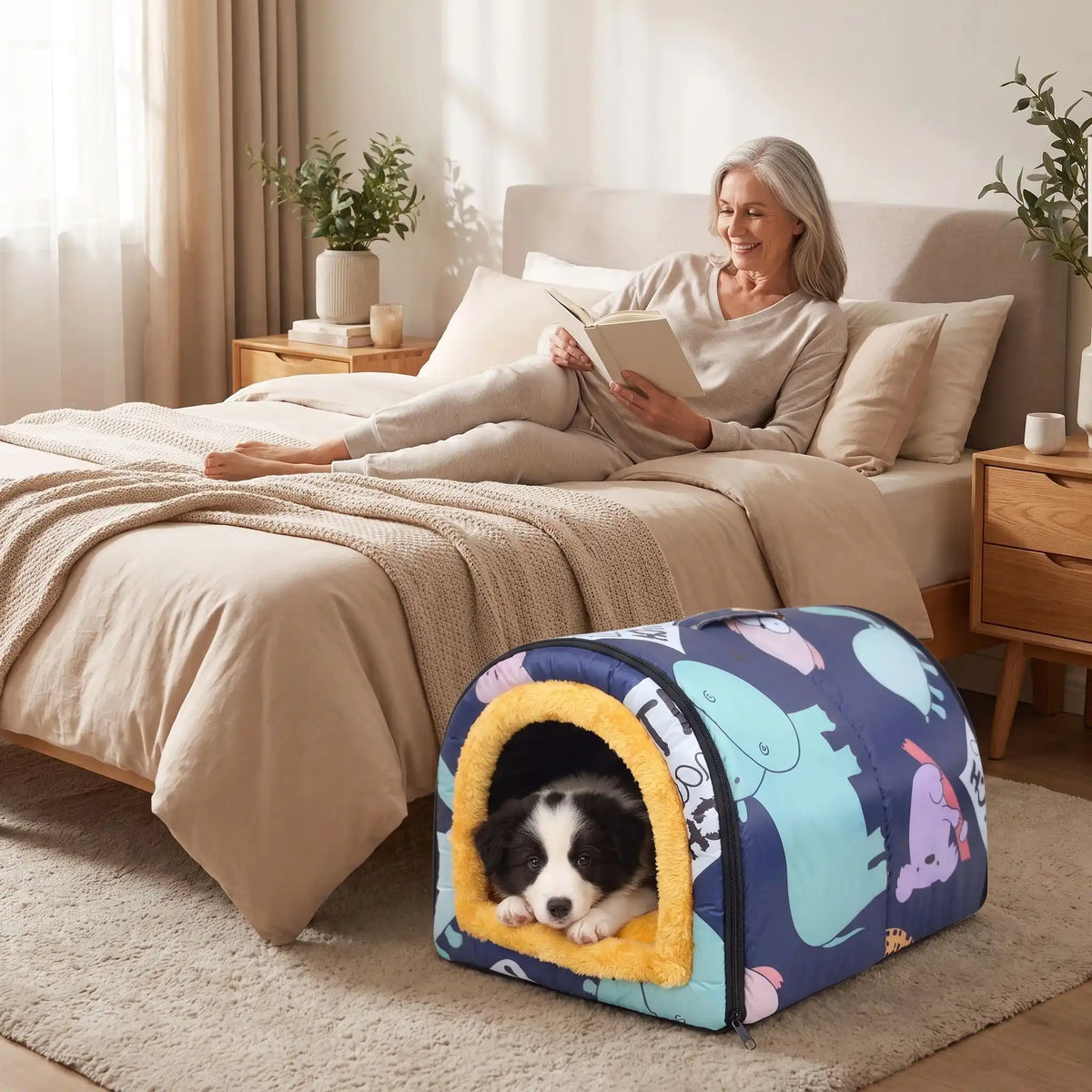 Niche-pour-chiot-petite-a-moyenne-race-pliable, résistante, en forme d'igloo au design sécurisant fermé en arc de cercle, intérieur en peluche douce et hypoallergénique avec un coussin rectangulaire au rembourrage 100% coton haute densité lavable, fond antidérapant et exterieur 100% imperméable, transportable avec sa poignée intégrée- un chiot de race moyenne couché confortablement au chaud dans sa niche au pied du lit de sa maitresse qui lit son livre allongée dans la chambre de la maison