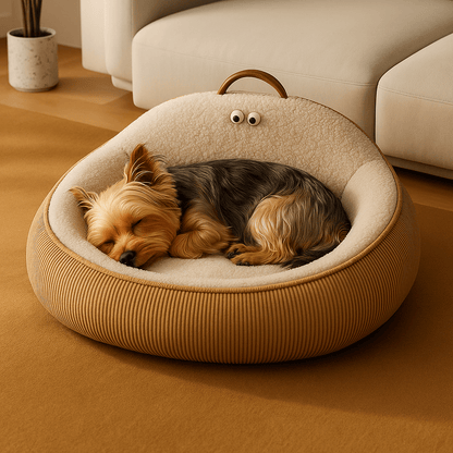 Panier-anti-stress-chien-apaisant-anti anxiété entourant et enveloppant avec rebord surélevé et dossier haut avec poignée de transport-chaud intérieur en imitation de peau de mouton et rembourrage 100% coton haute densité ergonomique pour chien de petite à moyenne tailles de 0 à 20 kg-lavable en machine-antidérapant et imperméable-un chien de petite taille qui dort paisiblement dans son lit ovale taille M au design mignon dans le salon de l'appartement