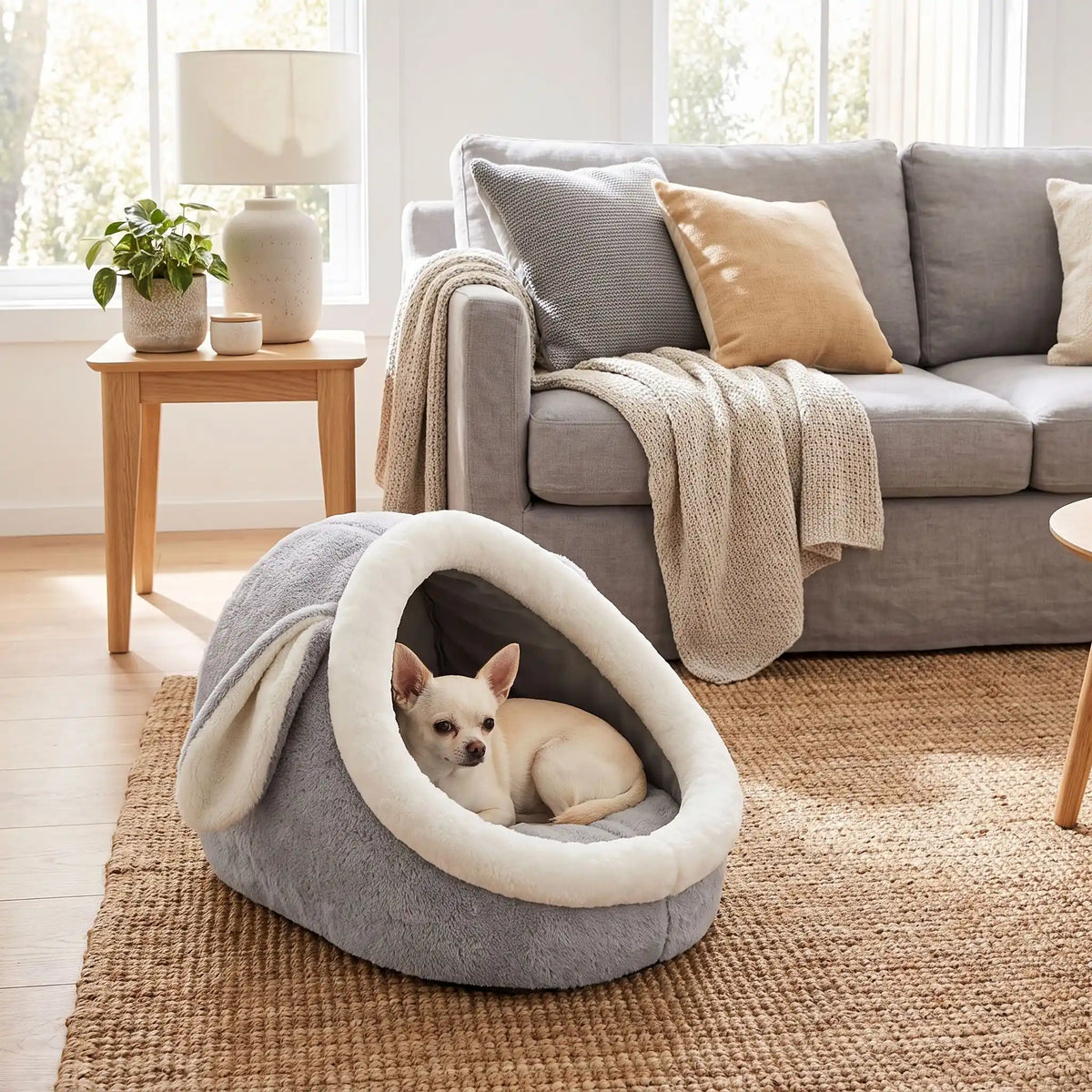 Panier-chien-chiot-niche-anti-stress, conception semie fermée avec toit et coussin amovible en velours rembourrage 100% coton PP, niche en peluche douce et design mignon avec oreilles de lapin, fond antidérapant et imperméable, lavable en machine pour chiot et chien de petite race de 0 à 3 kg-un chiot de taille miniature couché confortablement dans son panier avec toit en dôme comme une cabane en peluche douce et oreilles de lapin de couleur gris et blanc dans le salon de la maison