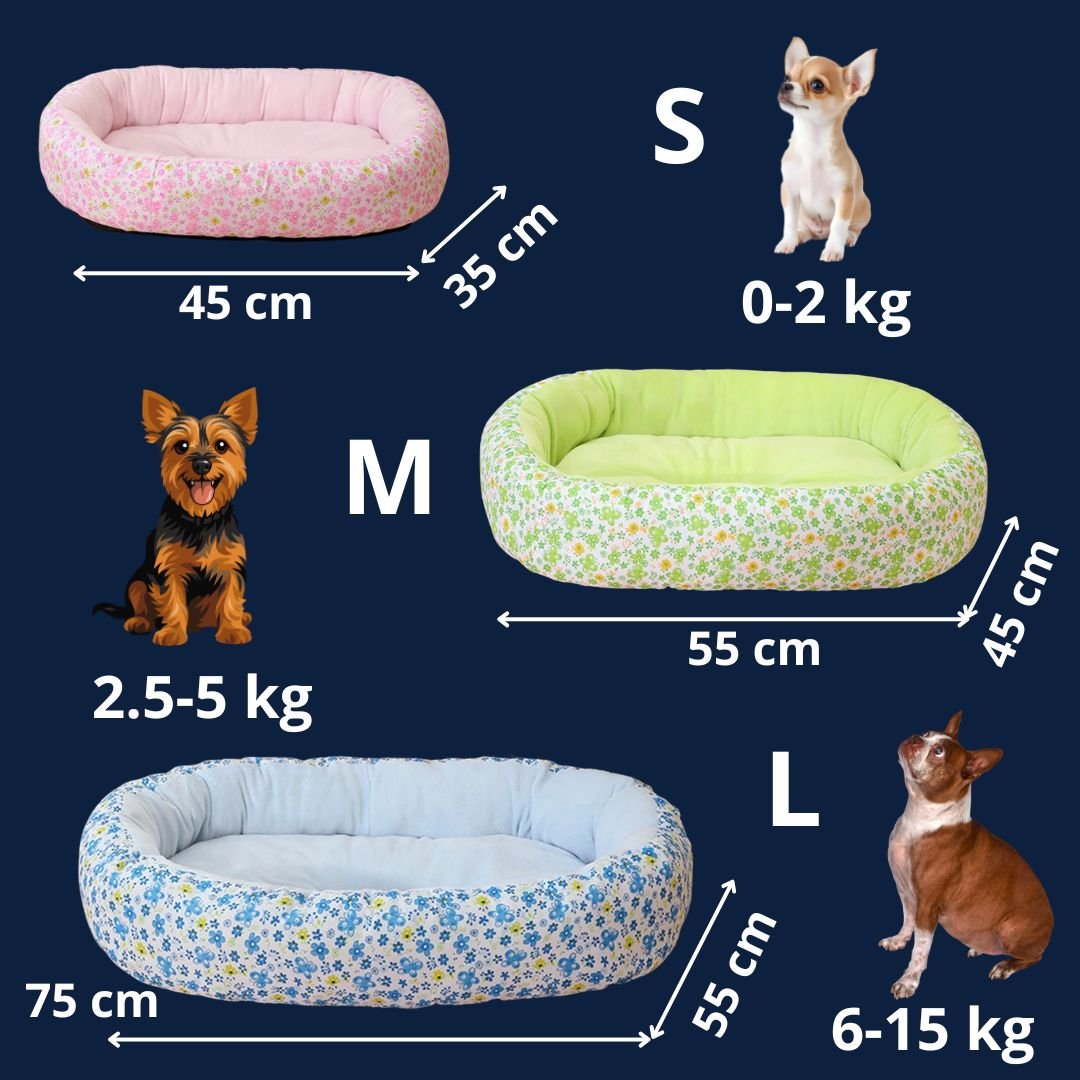 Panier-chien-coussin-4-saisons, 100% coton haute densité, ergonomique et rembourré, avec rebord surélevé épais à 360° pour un effet anti stress, entourant et enveloppant-coussin intérieur moelleux qui soutient et protège les articulations, lavable en machine et antidérapant-couchage pour chiot et chien de petite à moyenne taille de 0 à 15 kilos max-guide des tailles S, M et L et dimensions détaillées avec correspondance du poids du chien en illustration et photos, disponible en 3 couleurs, rose, bleu ou ver