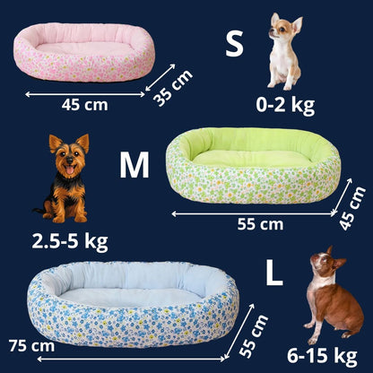 Panier-chien-coussin-4-saisons, 100% coton haute densité, ergonomique et rembourré, avec rebord surélevé épais à 360° pour un effet anti stress, entourant et enveloppant-coussin intérieur moelleux qui soutient et protège les articulations, lavable en machine et antidérapant-couchage pour chiot et chien de petite à moyenne taille de 0 à 15 kilos max-guide des tailles S, M et L et dimensions détaillées avec correspondance du poids du chien en illustration et photos, disponible en 3 couleurs, rose, bleu ou ver