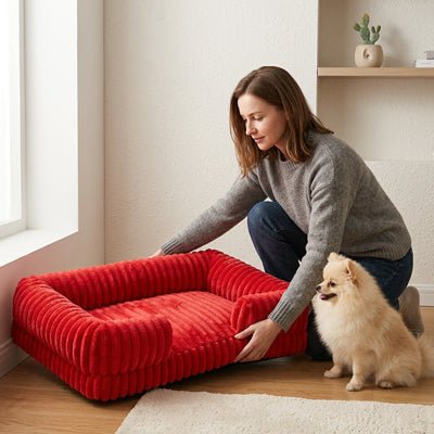 Panier-chien-déhoussable-design de canapé-antidérapant, imperméable et lavable en machine-housse en velours ultra-doux, résistant et chaud-rebord cylindrique entourant en U avec rembourrage 100% coton haute densité ergonomique-matelas orthopédique haute résilience du S au XL, de forme rectangulaire avec entrée devant pour chiot et chien de petite à grande de 0 à 40 kg – une maitresse qui installe le panier entourant et apaisant de couleur rouge pour son petit chien sur le sol du salon de l'appartement