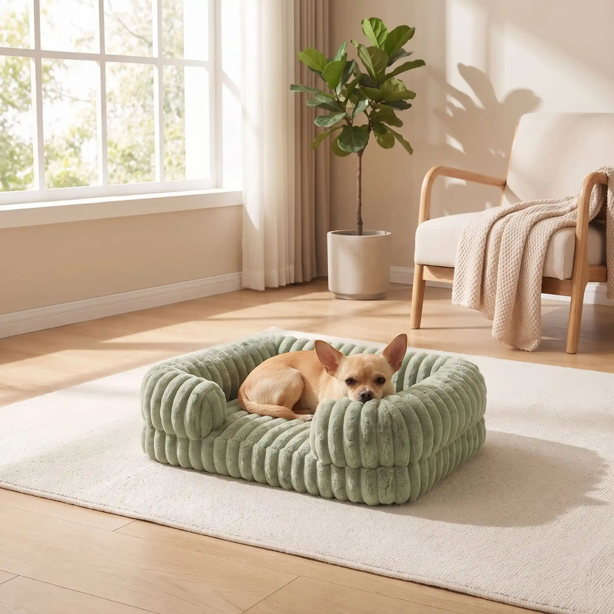 Panier-chien-déhoussable-design de canapé-antidérapant, imperméable et lavable en machine-housse en velours ultra-doux, résistant et chaud-rebord cylindrique entourant en U avec rembourrage 100% coton haute densité ergonomique-matelas orthopédique haute résilience du S au XL, de forme rectangulaire avec entrée devant pour chiot et chien de petite à grande de 0 à 40 kg – un petit chien qui se repose confortablement la tête reposant sur le rebord de son panier entourant et apaisant de couleur vert clair
