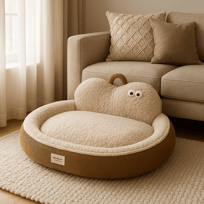 Panier-chien-déhoussable-design de canapé-antidérapant, imperméable et lavable en machine-housse en peluche en imitation peau de mouton ultra-doux et chaud-rembourrage 100% coton haute densité ergonomique-dossier au design mignon avec yeux de dessins animées-forme ovale et arrondi pour chiot et chien de petite à moyenne taille de 0 à 20 kg –couleur marron et beige-douillet avec poignée de transport