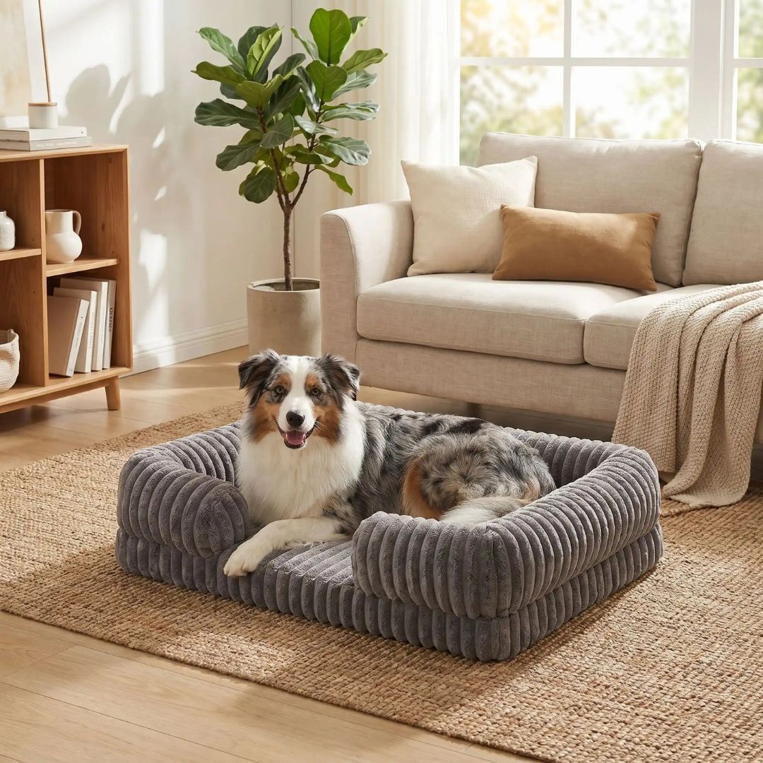 Panier-chien-déhoussable-design de canapé-antidérapant, imperméable et lavable en machine-housse en velours ultra-doux, résistant et chaud-rebord cylindrique entourant en U avec rembourrage 100% coton haute densité ergonomique-matelas orthopédique haute résilience du S au XL, de forme rectangulaire avec entrée devant pour chiot et chien de petite à grande de 0 à 40 kg – un chien de grande race couché confortablement dans son panier orthopédique entourant et apaisant de couleur marron