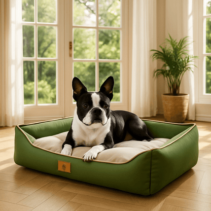 Panier-chien-imperméable-coton-oxford-coutures solides matelassé-rembourrage 100% Coton haute densité-moelleux-douillet-100% imperméable-antidérapant-résistant aux griffes-pour chien de petite à moyenne taille-un petit chien couché confortablement sur le panier avec rebord entourant en coton PP dans la véranda de la maison