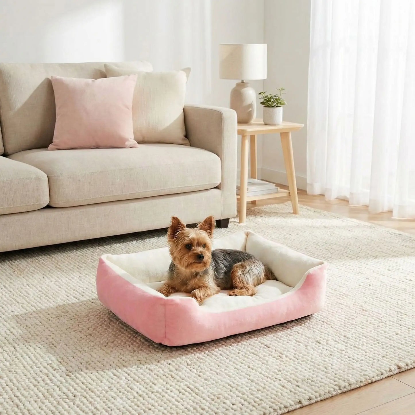 Panier-chien-lavable-chiot-design avec motif os, lavable en machien antidérapant avec rebord, coussin moelleux et ergonomique au rembourrage 100% coton haute densité de forme rectangulaire pour chien de petite à moyenne taille de 0 à 18 kilos max- un Yorkshire couché  confortablement dans son panier épais, chaud, hypoallergénique et ultra doux de couleur blanc et rose dans le salon de la maison
