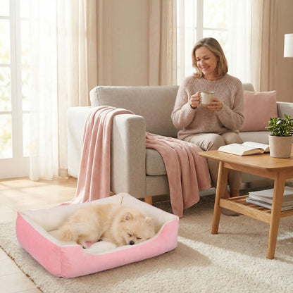 Panier-chien-lavable-chiot-design avec motif os, lavable en machien antidérapant avec rebord, coussin moelleux et ergonomique au rembourrage 100% coton haute densité de forme rectangulaire pour chien de petite à moyenne taille de 0 à 18 kilos max- un chien de petite taille qui dort paisiblement dans le panier bleu et blanc avec son design os à côté du canapé où sa maitresse qui boit son café en le regardant en souriant dans le salon de la maison