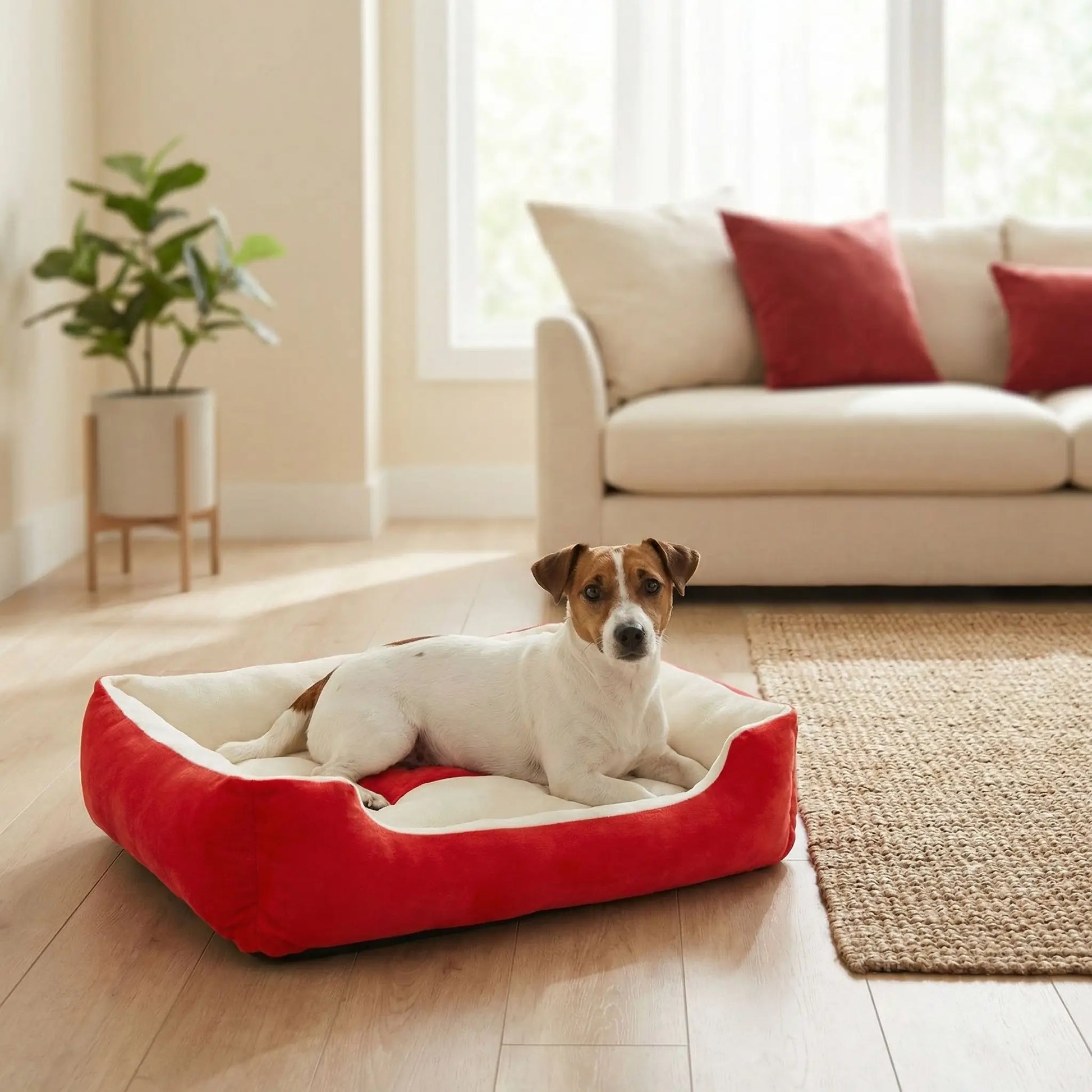 Panier-chien-lavable-chiot-design avec motif os, lavable en machien antidérapant avec rebord, coussin moelleux et ergonomique au rembourrage 100% coton haute densité de forme rectangulaire pour chien de petite à moyenne taille de 0 à 18 kilos max- un jchien de petite race couché confortablement dans le panier rouge et blanc avec son design os dans le salon de la maison