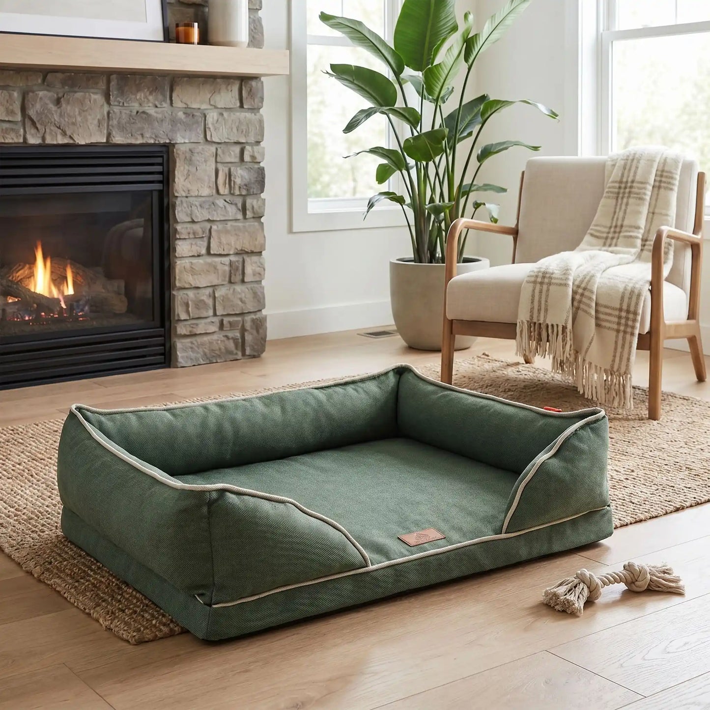 Panier-chien-lavable-chiot-dehoussable-orthopedique, avec matelas à mémoire de forme avec rebords surelevés ergonomique au rembourrage 100% coton haute densité, housse en lin respirant et tissu oxford 100% imperméable et antidérapant, disponible en 4 tailles S, M, L et XL pour petit à grand chien de 0 à 45 kilos-gros plan sur le panier orthopédique restangulaire déhoussable et lavable en lin et coton imperméable de couleur vert bouteille et de taille L dans salon de l'appartement