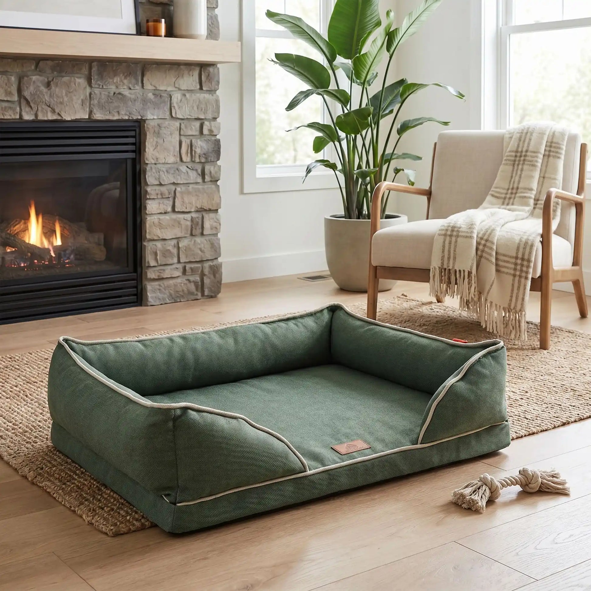 Panier-chien-lavable-chiot-dehoussable-orthopedique, avec matelas à mémoire de forme avec rebords surelevés ergonomique au rembourrage 100% coton haute densité, housse en lin respirant et tissu oxford 100% imperméable et antidérapant, disponible en 4 tailles S, M, L et XL pour petit à grand chien de 0 à 45 kilos-gros plan sur le panier orthopédique restangulaire déhoussable et lavable en lin et coton imperméable de couleur vert bouteille et de taille L dans salon de l'appartement