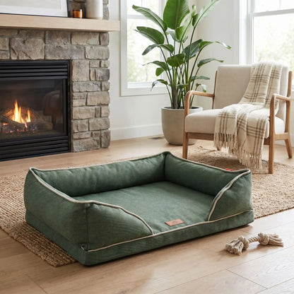 Panier-chien-lavable-chiot-dehoussable-orthopedique, avec matelas à mémoire de forme avec rebords surelevés ergonomique au rembourrage 100% coton haute densité, housse en lin respirant et tissu oxford 100% imperméable et antidérapant, disponible en 4 tailles S, M, L et XL pour petit à grand chien de 0 à 45 kilos-gros plan sur le panier orthopédique restangulaire déhoussable et lavable en lin et coton imperméable de couleur vert bouteille et de taille L dans salon de l'appartement