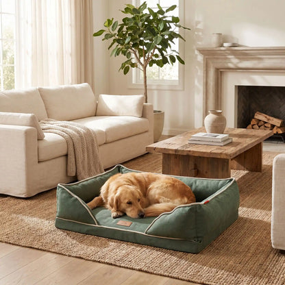 Panier-chien-lavable-chiot-dehoussable-orthopedique, avec matelas à mémoire de forme avec rebords surelevés ergonomique au rembourrage 100% coton haute densité, housse en lin respirant et tissu oxford 100% imperméable et antidérapant, disponible en 4 tailles S, M, L et XL pour petit à grand chien de 0 à 45 kilos-un chien de grande taille qui se repose en boule confortablement dans le panier orthopédique rectangulaire de couleur vert dans le salon de la maison