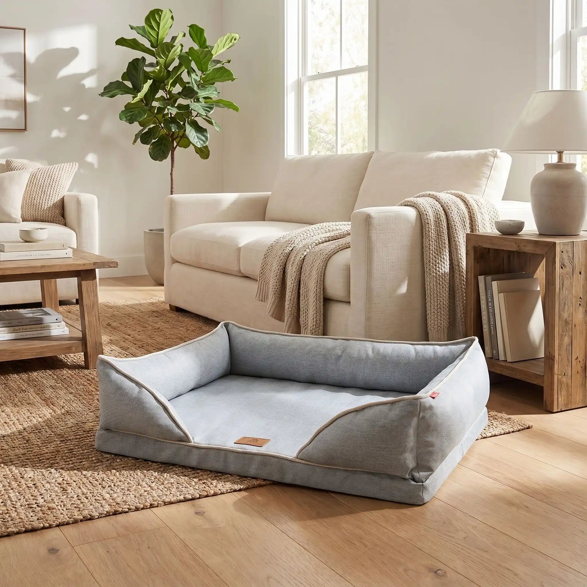 Panier-chien-lavable-chiot-dehoussable-orthopedique, avec matelas à mémoire de forme avec rebords surelevés ergonomique au rembourrage 100% coton haute densité, housse en lin respirant et tissu oxford 100% imperméable et antidérapant, disponible en 4 tailles S, M, L et XL pour petit à grand chien de 0 à 45 kilos-gros plan sur le panier orthopédique restangulaire déhoussable et lavable en lin et coton imperméable de couleur gris et de taille XL dans salon de la maison