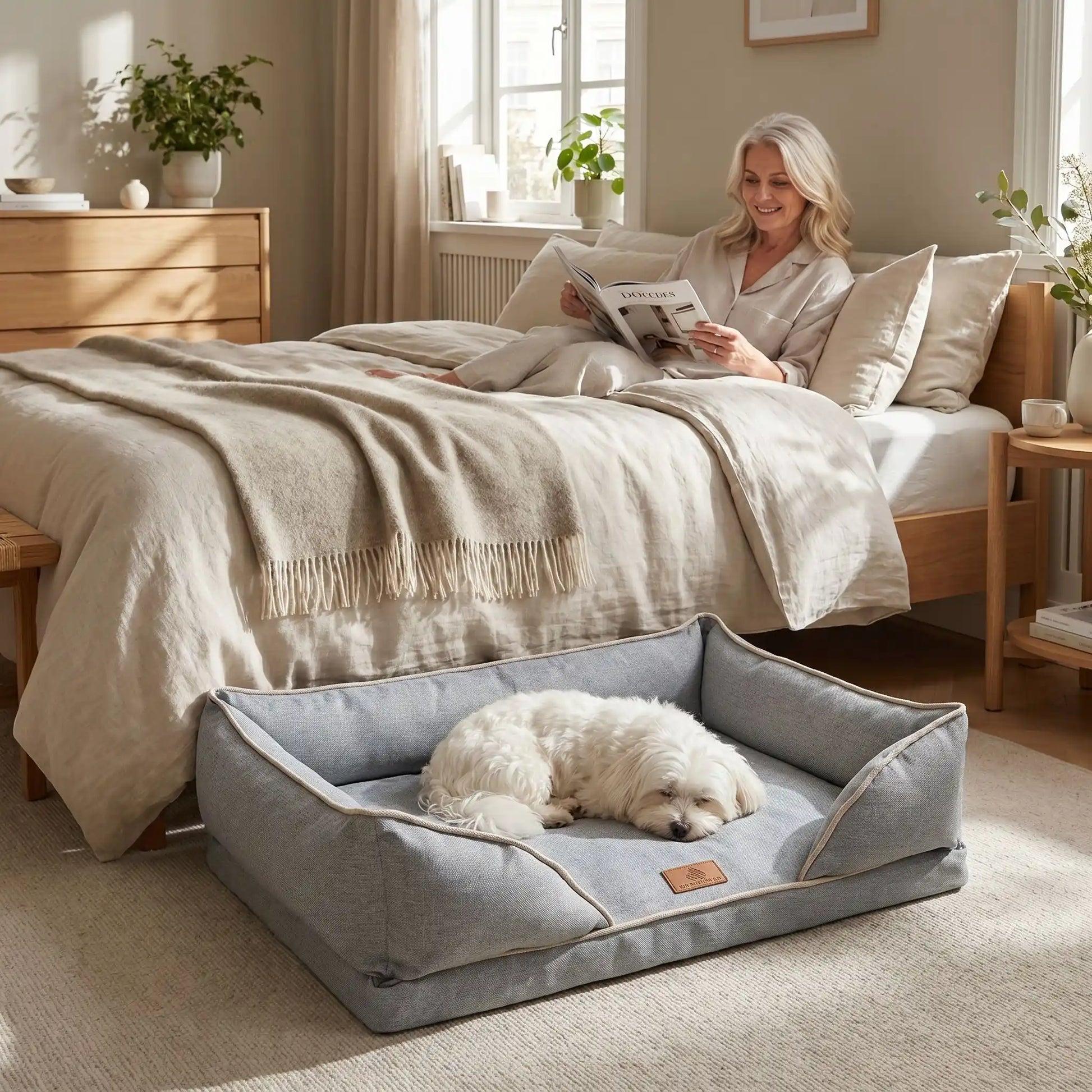 Panier-chien-lavable-chiot-dehoussable-orthopedique, avec matelas à mémoire de forme avec rebords surelevés ergonomique au rembourrage 100% coton haute densité, housse en lin respirant et tissu oxford 100% imperméable et antidérapant, disponible en 4 tailles S, M, L et XL pour petit à grand chien de 0 à 45 kilos-un chien de petite taile qui dort paisiblement dans le panier orthopédique rectangulaire de couleur gris au pied du lit de sa maitresse allongé qui lit son magazine dans la chambre de la maison