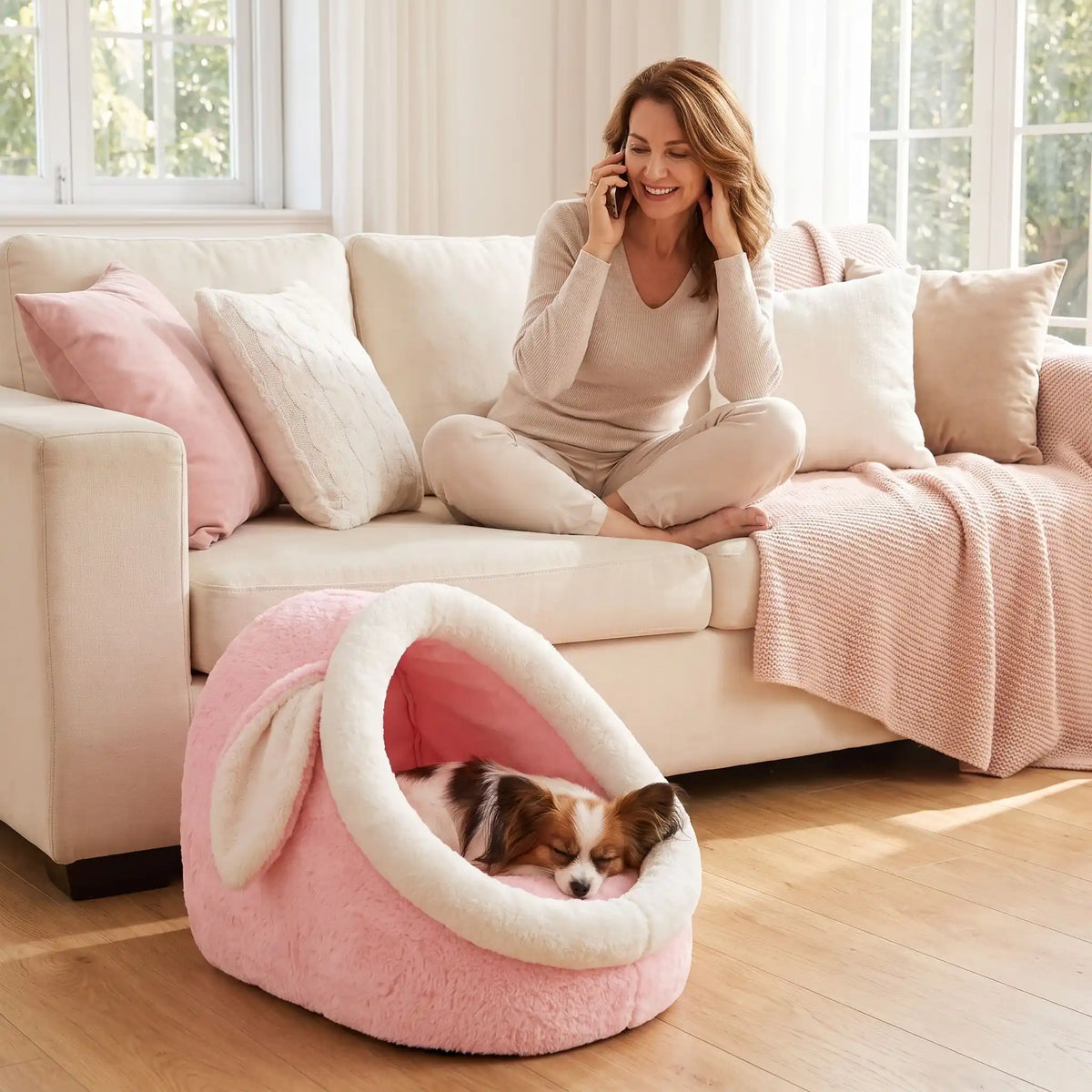 Panier-chien-chiot-niche-anti-stress, conception semie fermée avec toit et coussin amovible en velours rembourrage 100% coton PP, niche en peluche douce et design mignon avec oreilles de lapin, fond antidérapant et imperméable, lavable en machine pour chiot et chien de petite race de 0 à 3 kg-un chiot de taille miniature couché confortablement dans son panier avec toit en dôme comme une cabane en peluche douce et oreilles de lapin de au pied de sa maitresse asssise sur le canapé du salon de l'appartement