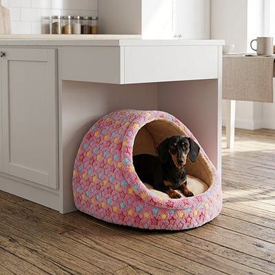 Panier-chien-niche-chiot-anti-anxiete-anti-stress avec coussin amovible déhoussable et lavable en machien, toucher velours, hypoallergénique et 100% coton haute densité avec motif étoiles en 3 coloris bleu, rose et marron pour les races de petits chiens, races naines et chiot-un Teckel miniature couché confortablement dans sa niche en demi cercle entourante, antidérapante qui protège des sols froids et des courants d'air dans le salon de l'appartement