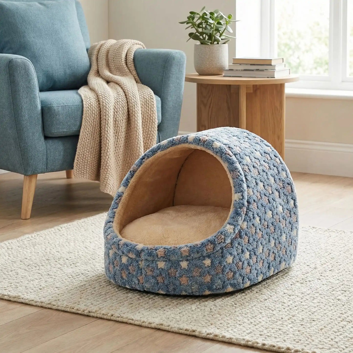 Panier-chien-niche-chiot-anti-anxiete-anti-stress avec coussin amovible déhoussable et lavable en machien, toucher velours, hypoallergénique et 100% coton haute densité avec motif étoiles en 3 coloris bleu, rose et marron pour les races de petits chiens, races naines et chiot-gros plan sur le modèle bleu avec étoile et son coussin intétieur hypoallergénqiue beige sur le sol du salon