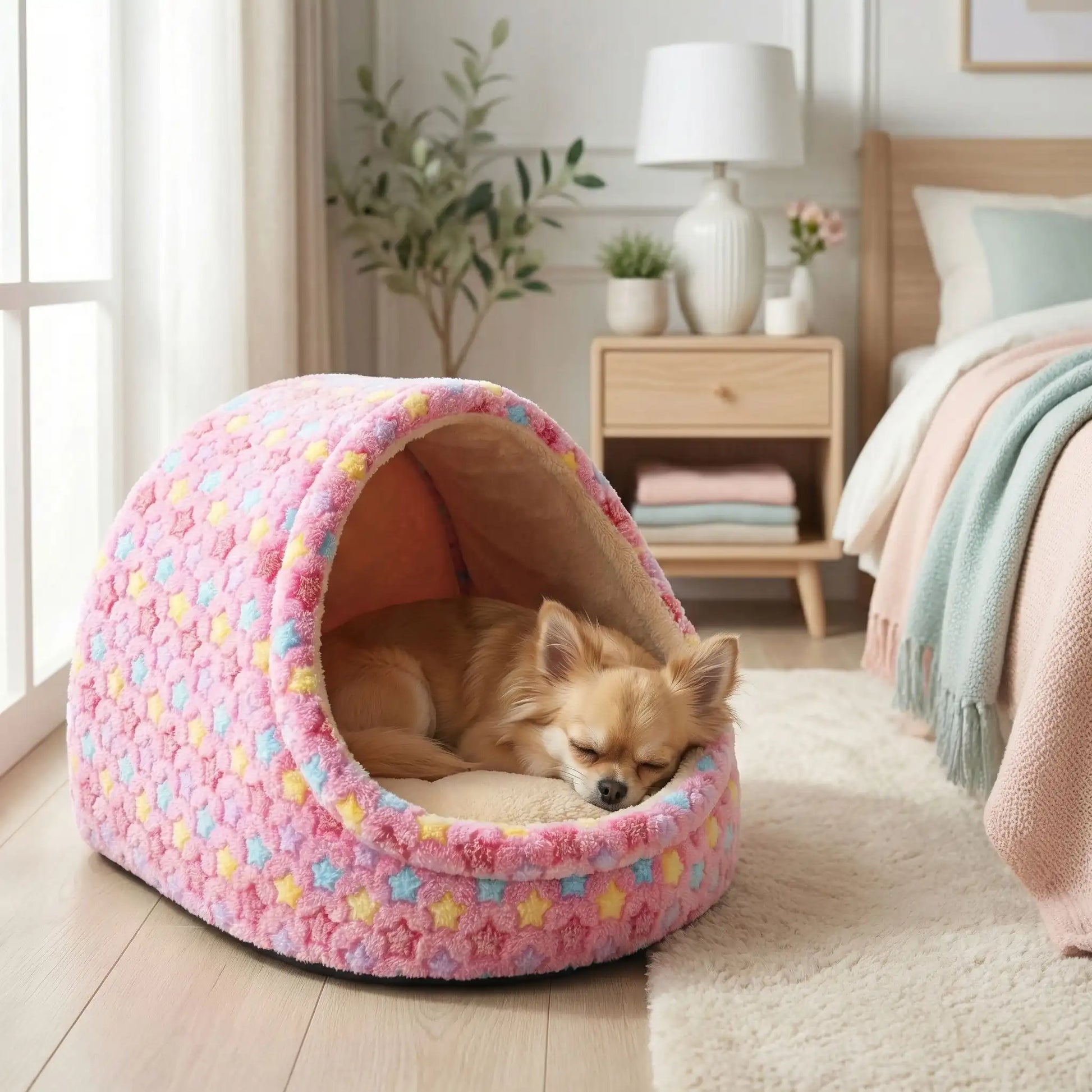 Panier-chien-niche-chiot-anti-anxiete-anti-stress avec coussin amovible déhoussable et lavable en machien, toucher velours, hypoallergénique et 100% coton haute densité avec motif étoiles en 3 coloris bleu, rose et marron pour les races de petits chiens, races naines et chiot-un chihuahua qui dort paisiblement dans sa niche en demi cercle entourante, antidérapante qui protège des sols froids et des courants d'air dans la chambre de la maison