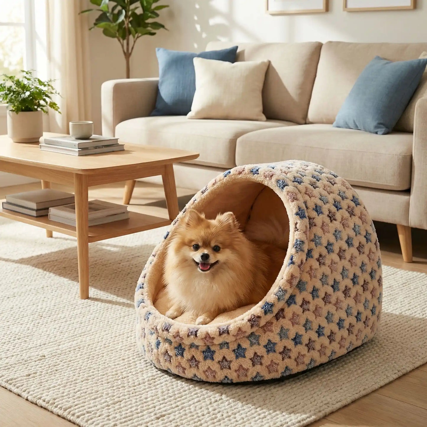 Panier-chien-niche-chiot-anti-anxiete-anti-stress avec coussin amovible déhoussable et lavable en machien, toucher velours, hypoallergénique et 100% coton haute densité avec motif étoiles en 3 coloris bleu, rose et marron pour les races de petits chiens, races naines et chiot-un chien de race naine qui dort paisiblement dans sa niche en demi cercle entourante, antidérapante qui protège des sols froids et des courants d'air dans le salon de l'appartement