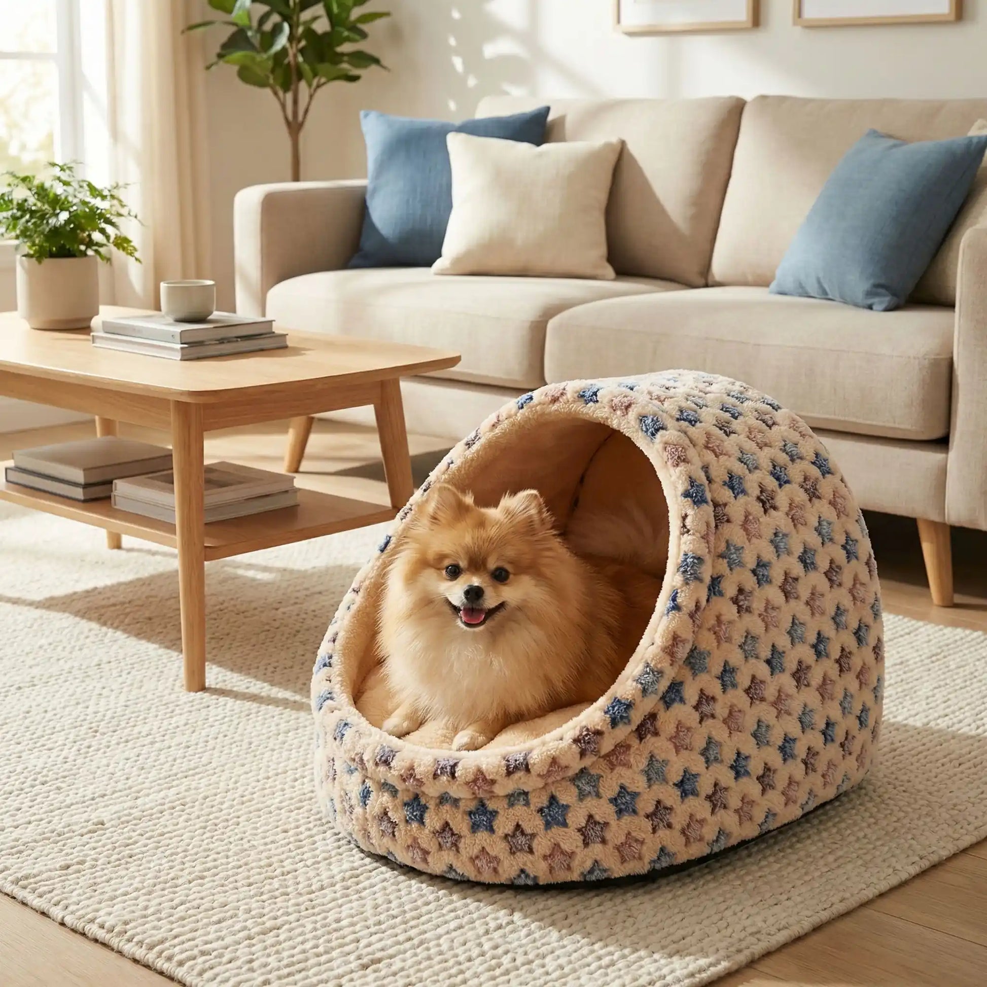 Panier-chien-niche-chiot-anti-anxiete-anti-stress avec coussin amovible déhoussable et lavable en machien, toucher velours, hypoallergénique et 100% coton haute densité avec motif étoiles en 3 coloris bleu, rose et marron pour les races de petits chiens, races naines et chiot-un chien de race naine qui dort paisiblement dans sa niche en demi cercle entourante, antidérapante qui protège des sols froids et des courants d'air dans le salon de l'appartement