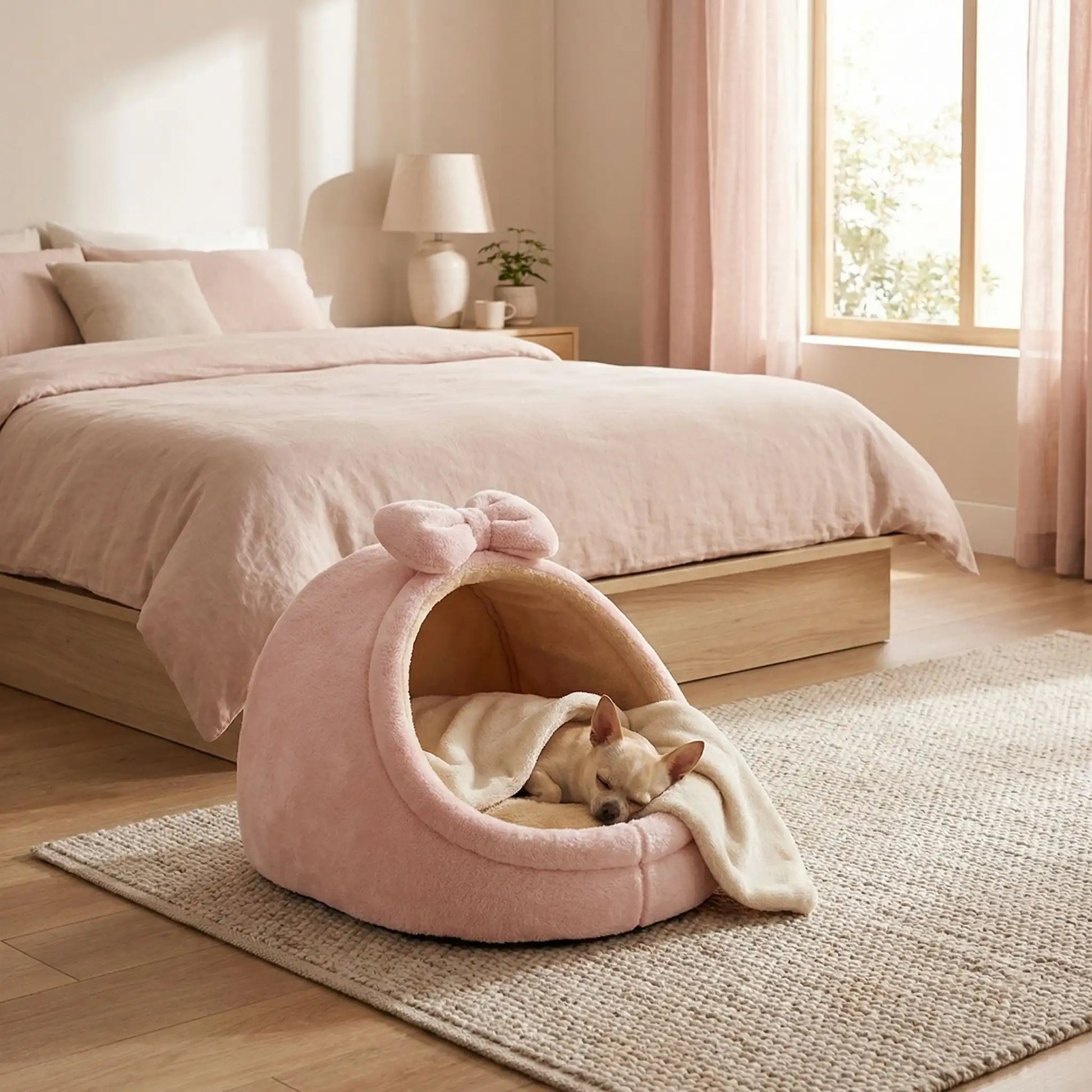 Panier-chien-niche-cocon-avec-coussin ergonomique et amovible, panier anti-stress 100% coton haute densité, lavable en machine, antidérapant avec toit , enveloppant, protège du sol froid et des courant d'air pour les chiots et chiens de race naine ou  petite taille de 0 à 5 kilos-un chihuahua qui dort au chaud et en sécurité dans son panier niche design rose avec son noeud sur le toit décoratif sur le sol de la chambre de la maison