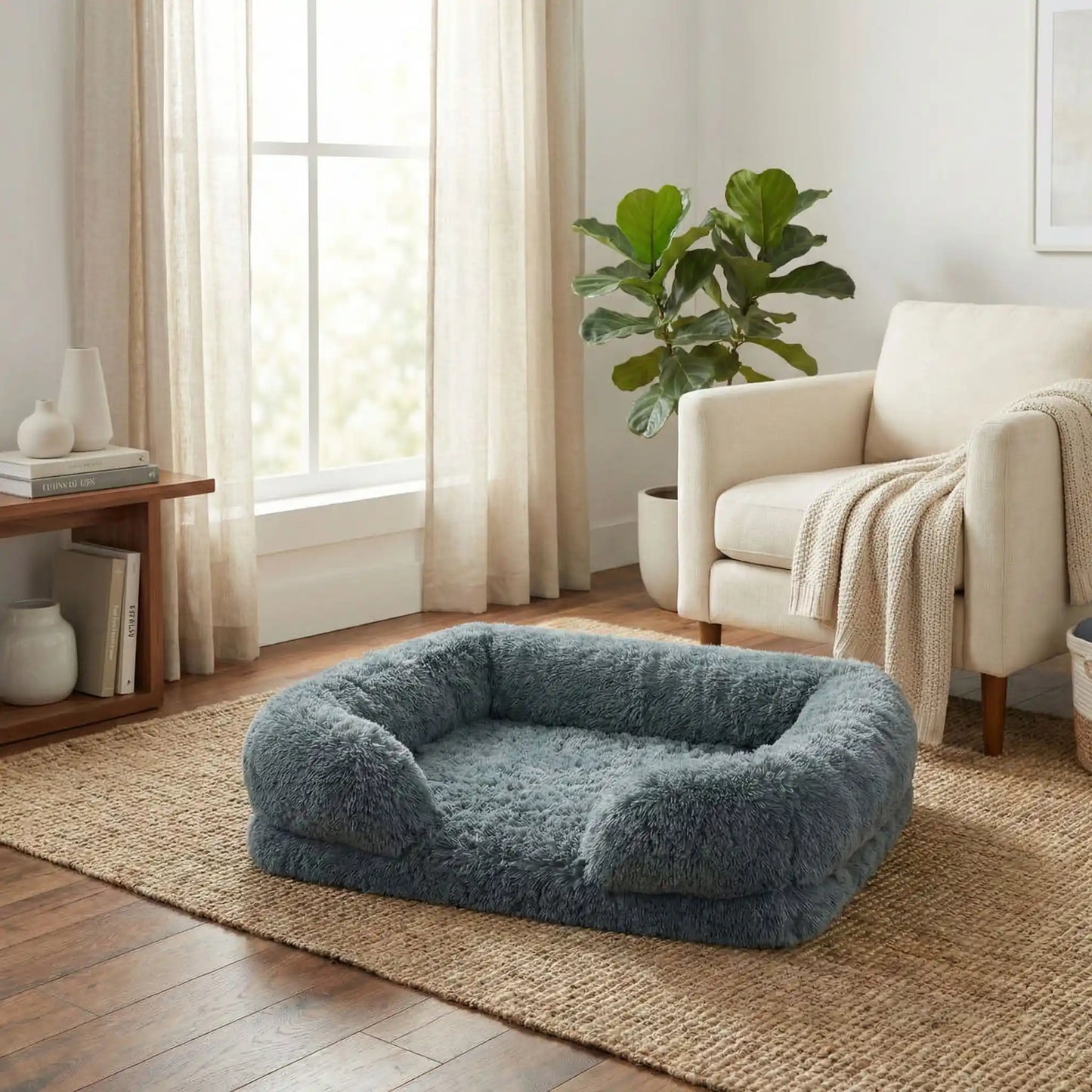 Panier-chien-xxl-déhoussable-orthopédique-coussin rectangulaire avec rebord surélevé en traversin qui sert d'oreiller ergonomique à 360° rembourrage 100% coton haute densité pour un effet anti stress et anti anxiété-housse en peluche ultra douce, hypoallergénique, imperméable, antidérapant et lavable en machine pour chiot et chien de taille moyenne à grande jusqu'à 45 kg max-de couleur gris