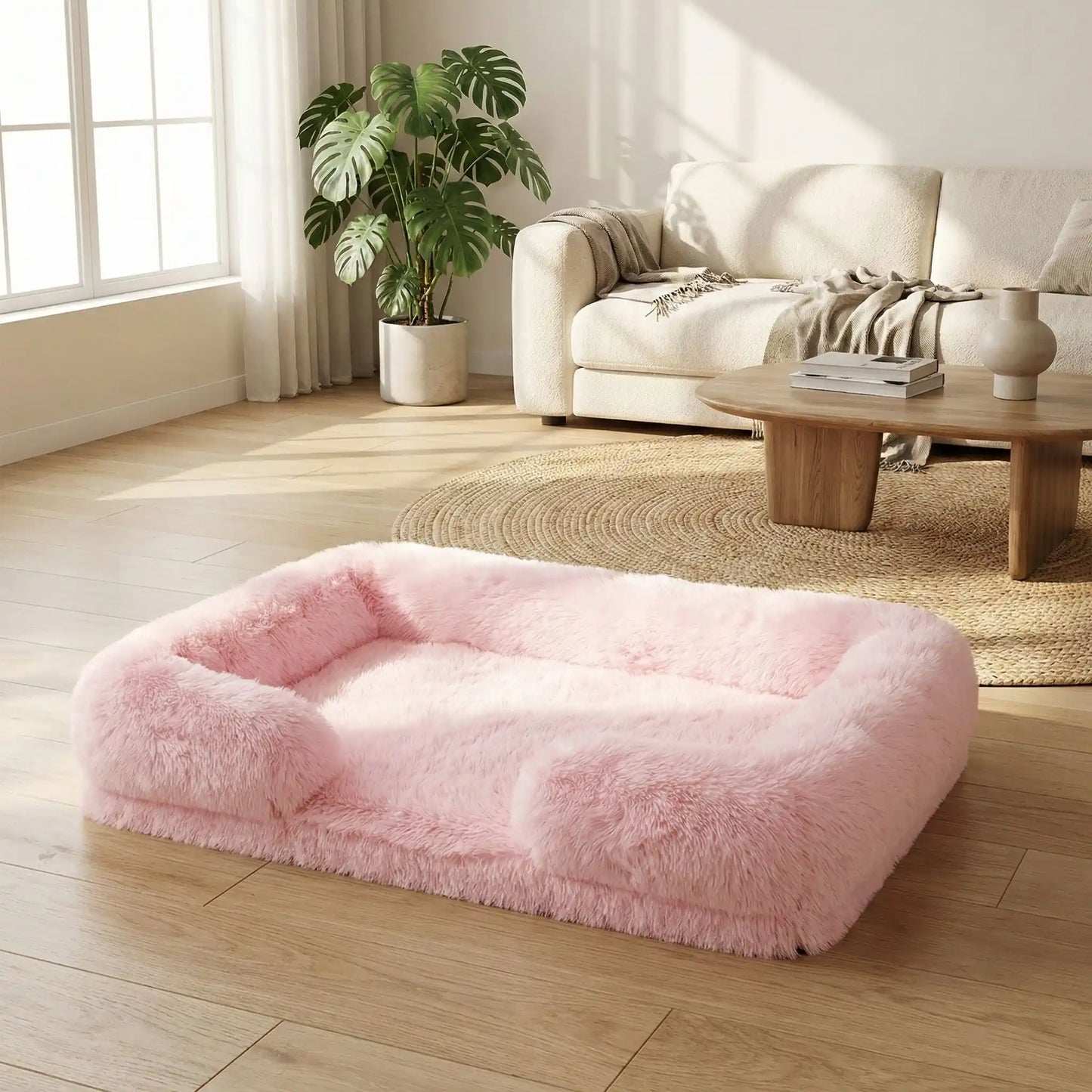 Panier-chien-xxl-déhoussable-orthopédique-coussin rectangulaire avec rebord surélevé en traversin qui sert d'oreiller ergonomique à 360° rembourrage 100% coton haute densité pour un effet anti stress et anti anxiété-housse en peluche ultra douce, hypoallergénique, imperméable, antidérapant et lavable en machine pour chiot et chien de taille moyenne à grande jusqu'à 45 kg max-de couleur rose clair en taille xl et xxl
