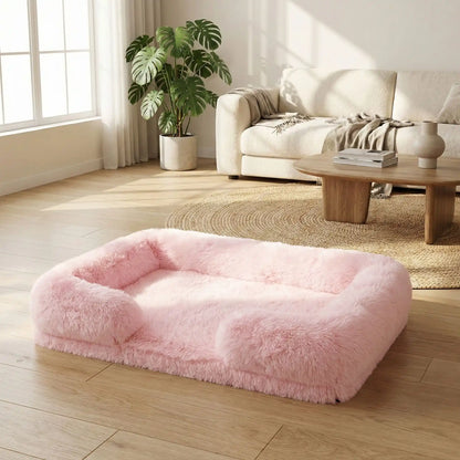 Panier-chien-xxl-déhoussable-orthopédique-coussin rectangulaire avec rebord surélevé en traversin qui sert d'oreiller ergonomique à 360° rembourrage 100% coton haute densité pour un effet anti stress et anti anxiété-housse en peluche ultra douce, hypoallergénique, imperméable, antidérapant et lavable en machine pour chiot et chien de taille moyenne à grande jusqu'à 45 kg max-de couleur rose clair en taille xl et xxl