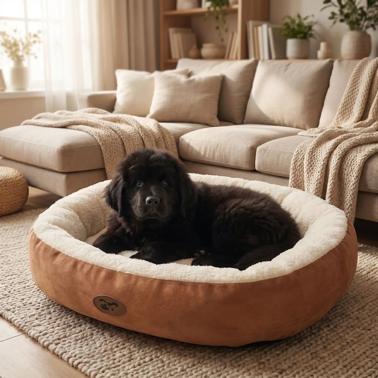 Panier-chiot-coussin-anti-stress avec rebord 360° surélevé rembourré et épais au rembourrage 100% coton haute densité lavable en machine, hypoallergénique, doux, chaud et respirant , fond antidérapant et imperméable pour chiot de petite, moyenne, grande et très grade race de 0 à 40 kilos en 5 tailles S, M, L, XL et XXL-un chiot Terre Neuve couché confortablement dans son panier à rebord ovale de couleur marron et crème épais et rembourré pour un effet apaisant et anti-stress dans le salon de l'appartement