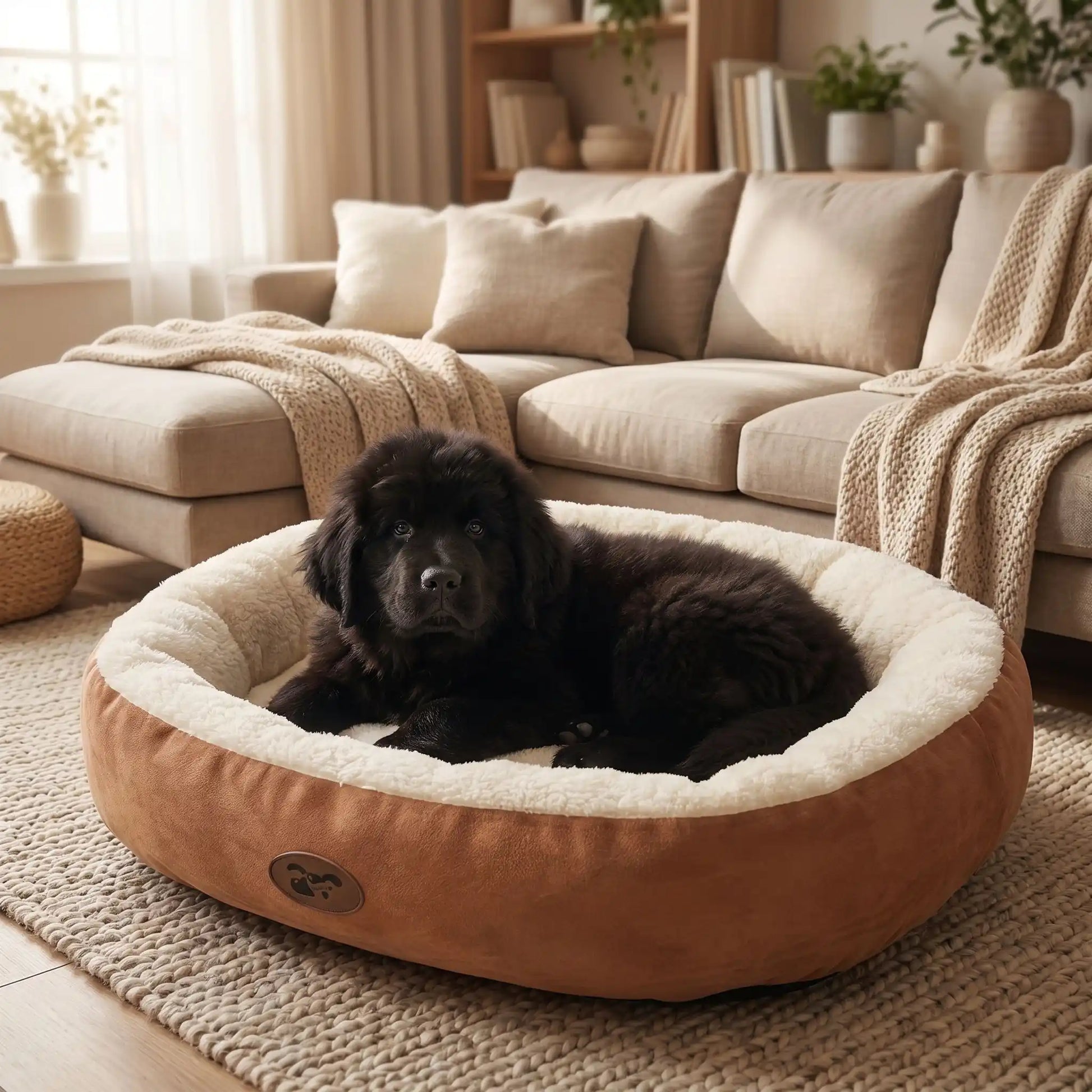 Panier-chiot-coussin-anti-stress avec rebord 360° surélevé rembourré et épais au rembourrage 100% coton haute densité lavable en machine, hypoallergénique, doux, chaud et respirant , fond antidérapant et imperméable pour chiot de petite, moyenne, grande et très grade race de 0 à 40 kilos en 5 tailles S, M, L, XL et XXL-un chiot Terre Neuve couché confortablement dans son panier à rebord ovale de couleur marron et crème épais et rembourré pour un effet apaisant et anti-stress dans le salon de l'appartement